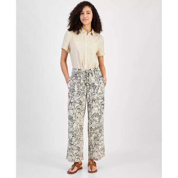 Tommy Hilfiger Women's Butterfly High-Rise Tie-Waist Pants in Beige - Picture 1 of 3